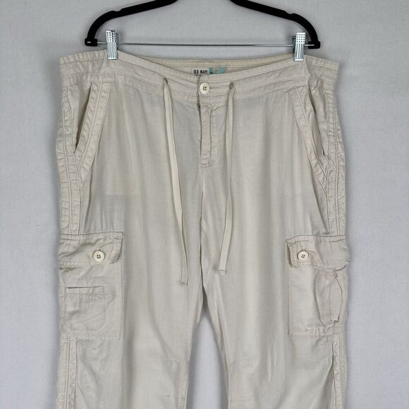 Old Navy Pants Womens 16 Ivory Straight Leg Relaxed Cargo 100% Linen Breathable - Picture 6 of 16